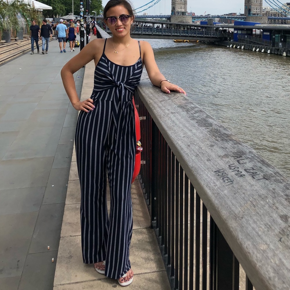 Navy striped jumpsuit.